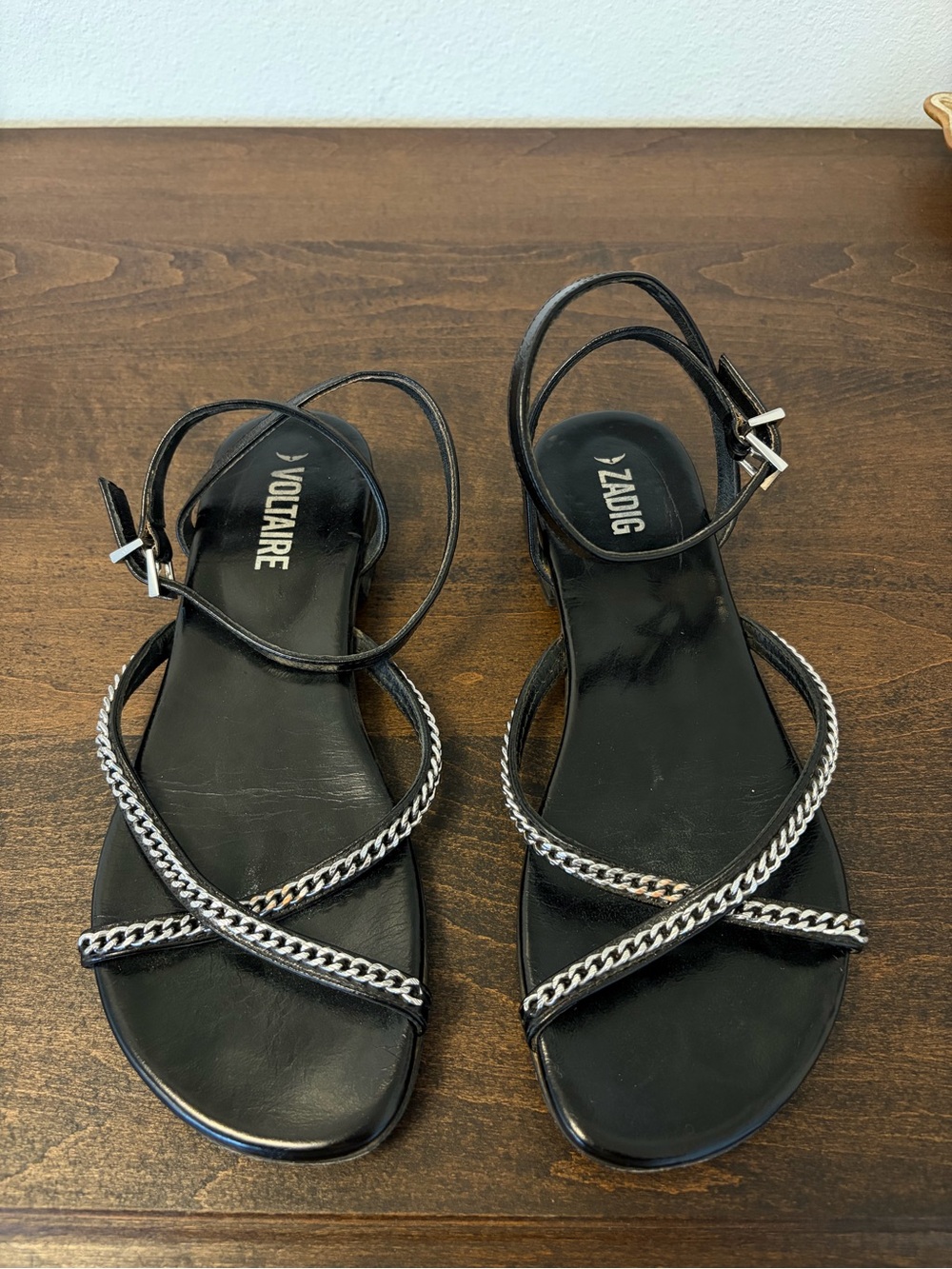 Zadig & Voltaire Black Leather Sandals with Silver Chain Straps 37 7